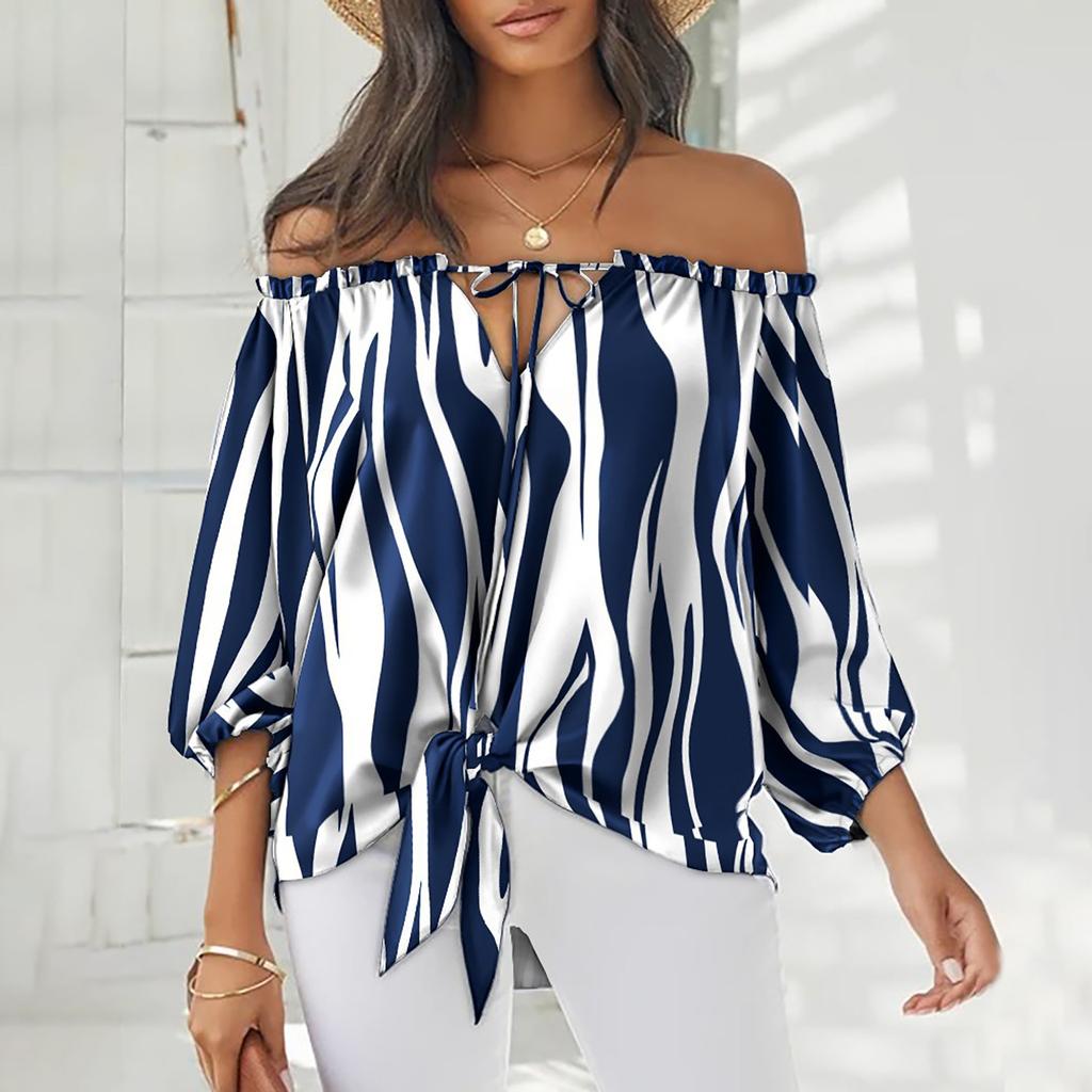 Women's Summer Fasion Loose Print Long--sleeve Bow Tie Neckline Bandage  Top