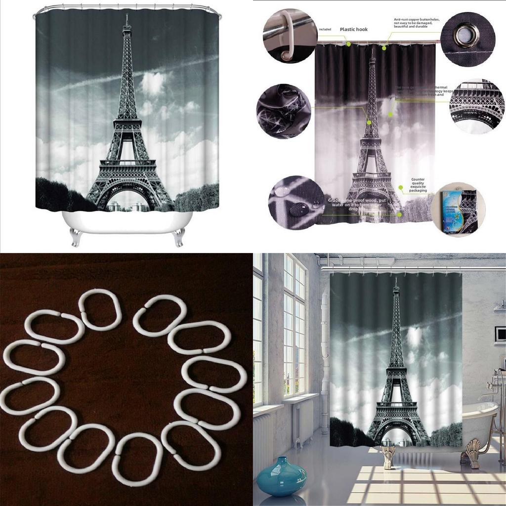 Eiffel Tower Themed Polyester Shower Curtain With Urban Night Scene For Home Improvement