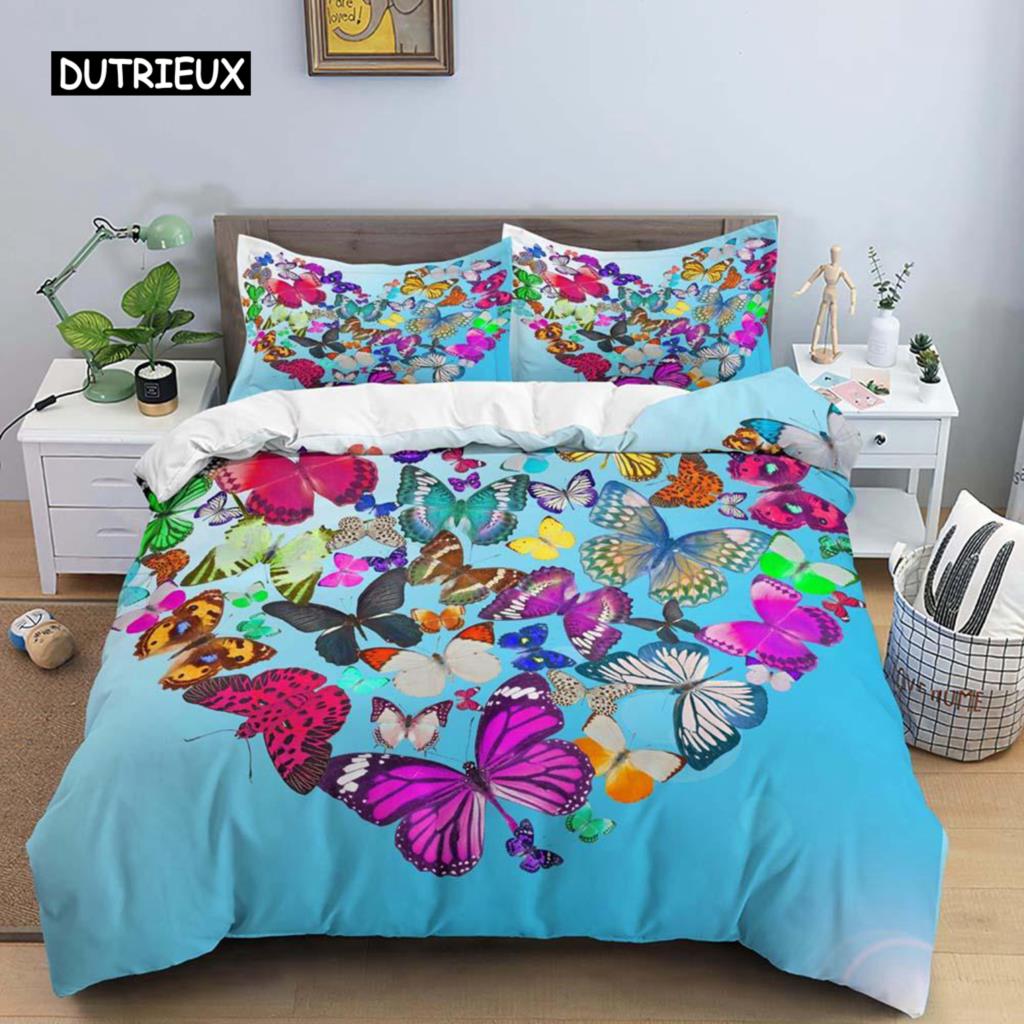 Butterfly Duvet Cover Set Colorful Butterfly Heart Shape Comforter Cover Spring Fresh Style Animal Polyester Bedding Set Girls
