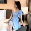 Fashion slanted shoulder dress, new sexy high waist, belly covering and thin short skirt, French simple waist dress skirt