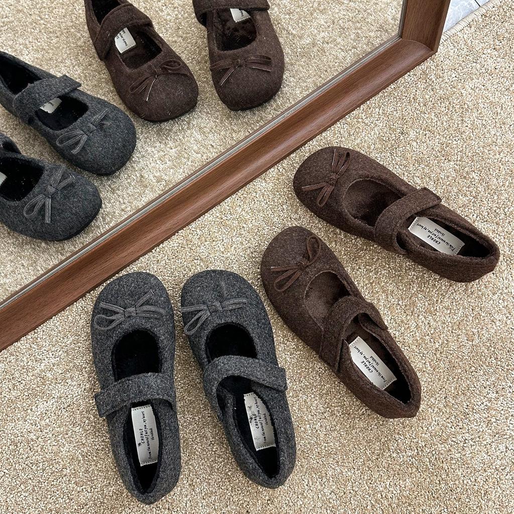 Bow gray fluffy shoes women wear in winter new woolen velvet single shoes flat bottom warm Mary Jane Doudou shoes