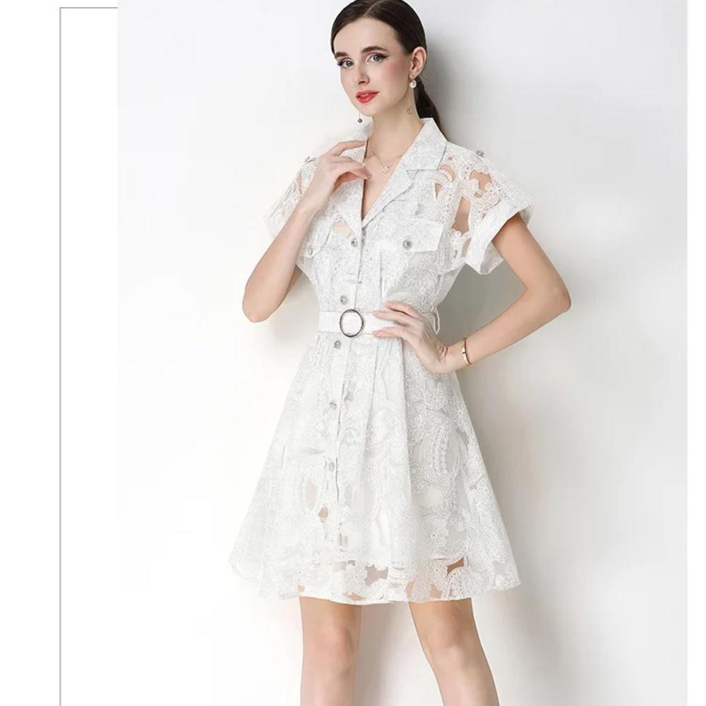 Elegant Lace Embroidery Hollow-out Mini Dress for Women Lapel High Waist A-Line Short Sleeve Single Belt Short Dress Summer