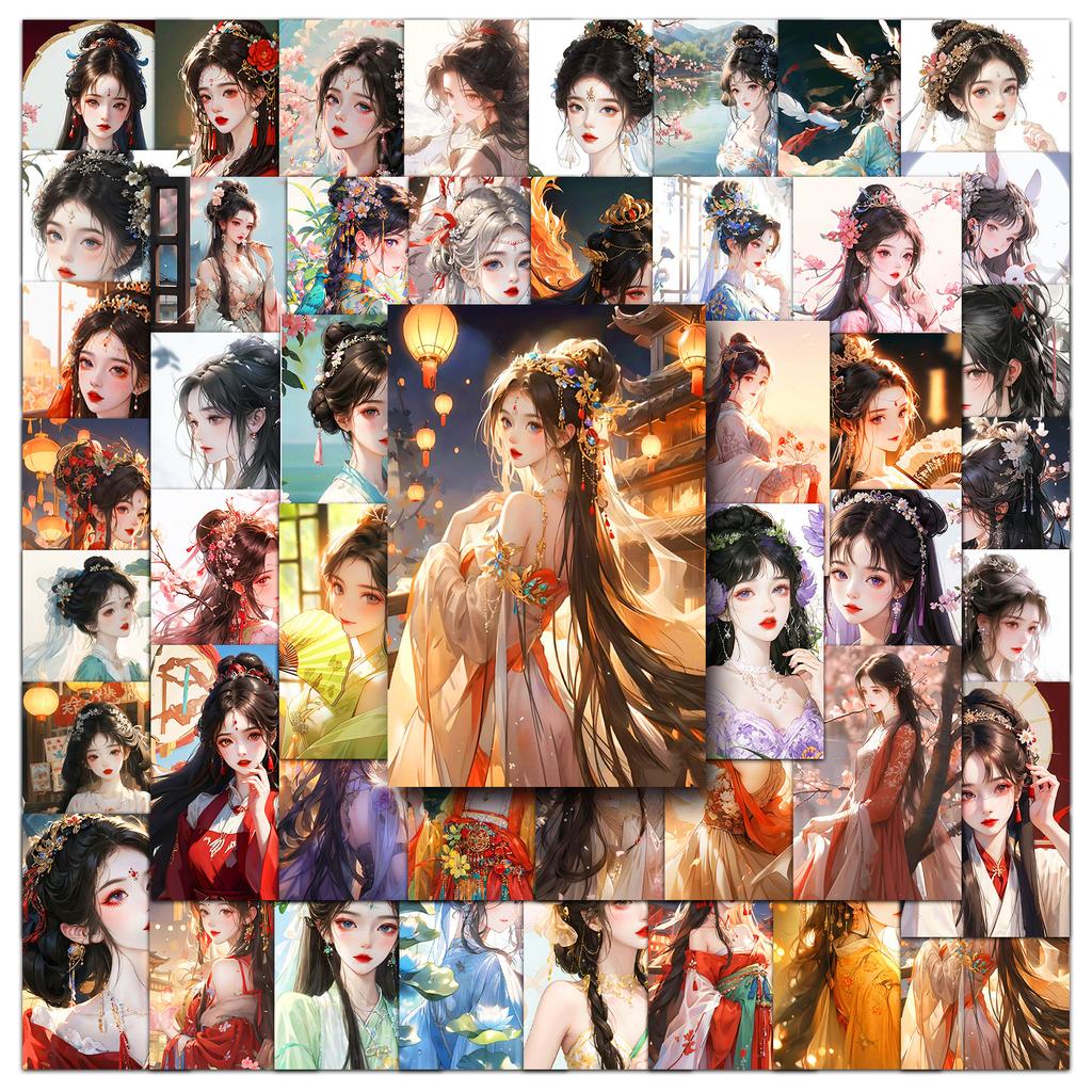 50 Pictures of Ancient Style Girl's Personalized Creative Waterproof Decorative Water Cup Suitcase Tablet Mobile Phone Case Computer Stickers