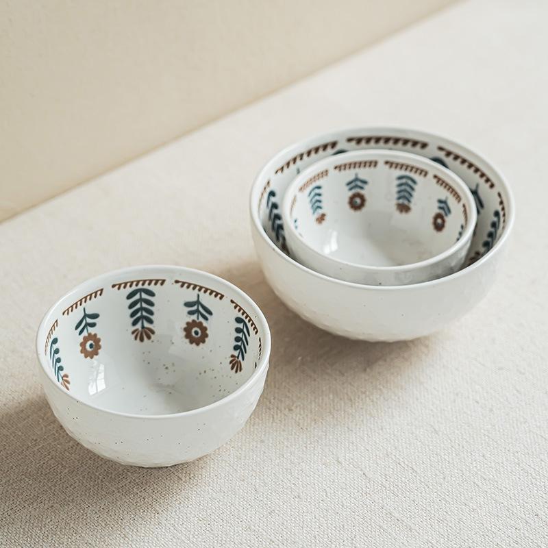 Minimalist Ceramic Round Bowl Embossed Flower Salad Bowl Restaurant Ramen Bowl Rice Bowl Large Soup Bowl Household Vegetable Bowl