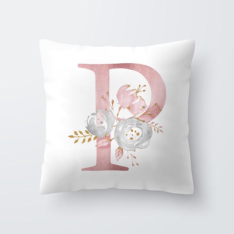 Pink Letter Decorative Floral Pillow Gold Alphabet Cushion for Sofa Polyester Pillowcase Decoration Salon