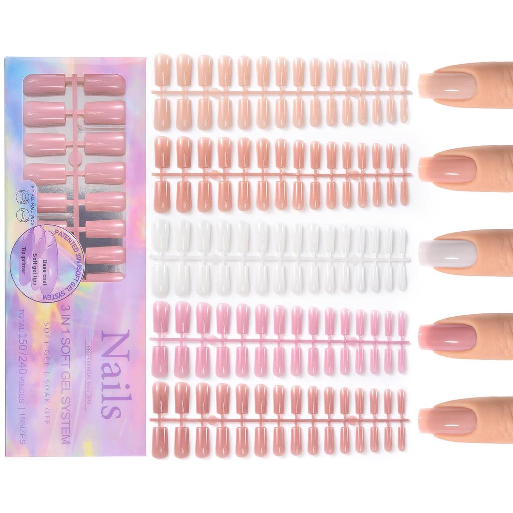 150pcs 3-IN-1 Press On Nails Nude Color Wearable Fake Nail Tips Full Cover Artificial Fingernails Almond Ballet Nail Extensions
