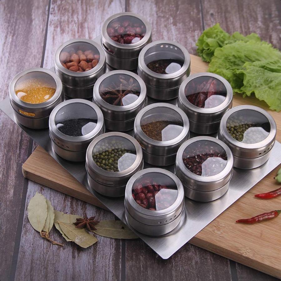 

12 Магнитных Контейнеров для Специй Жестяные Банки для Специй Настенное Крепление Основа из Нержавеющей Стали Легко Устанавливается United States