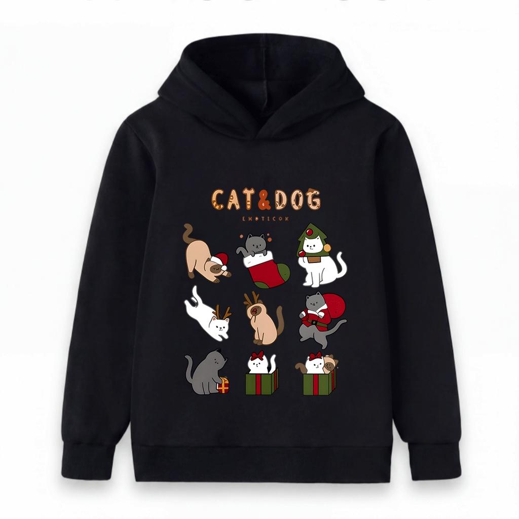 Kids Boys Girls Christmas Cat Cartoon Print Hoodie, Casual Long Sleeve Pullover Sweatshirt for Holiday Daily Wear