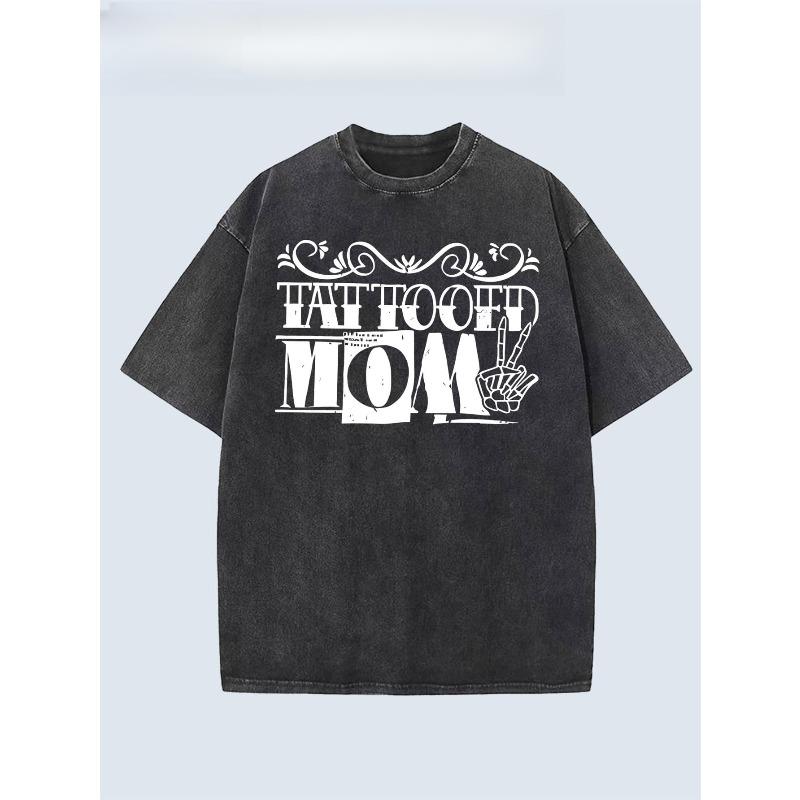 European Size Men Heavyweight Vintage Distressed Tattoo T-Shirt - Light Blue Washed Streetwear Tee with Tattoo Mom & Tattoo Artist Graphic Print S