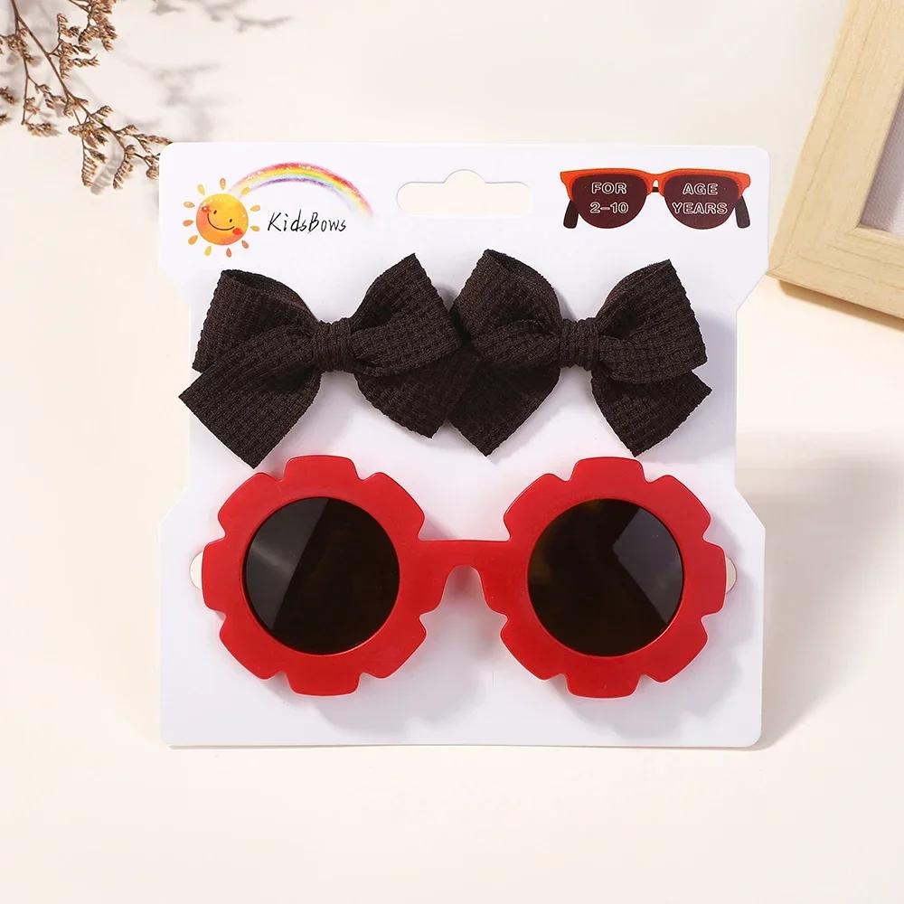 1Set Children Headwear Glasses Solid Soft Bowknot Head Bands Girls Lace Barrette Retro Headbands Sunglasses Kids Hair Band Sets