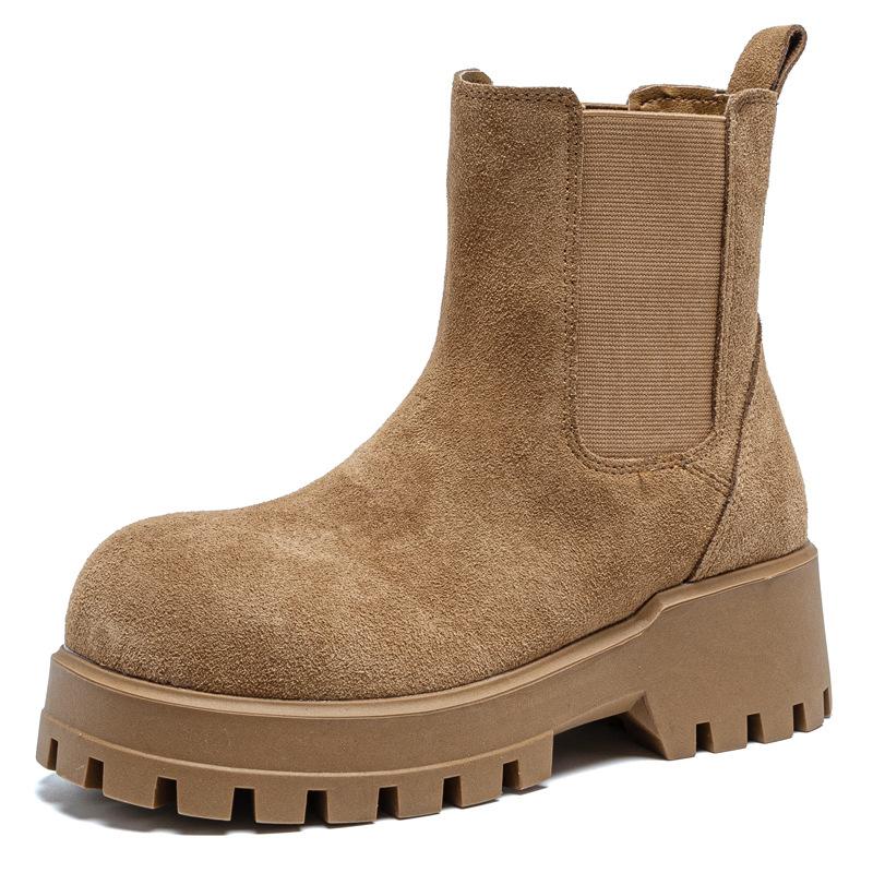 

Кожаные ботинки-сигареты на толстой подошве с увеличением высоты женские 2025 осень новые плюшевые повседневные ботинки коричневые ботинки Мартин большого размера 40 темно-коричневого