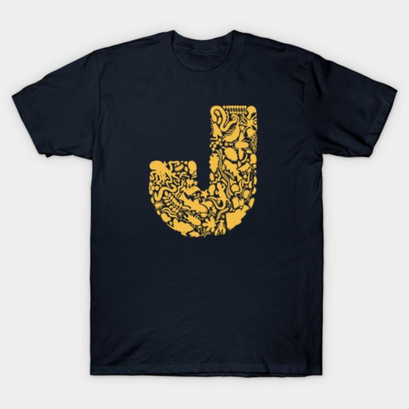 Marine Animal Filled Letter J Graphic Tee Comfy Crew Neck Short Sleeve Trendy Casual Top for Ocean Lovers Daily Wear  Gift
