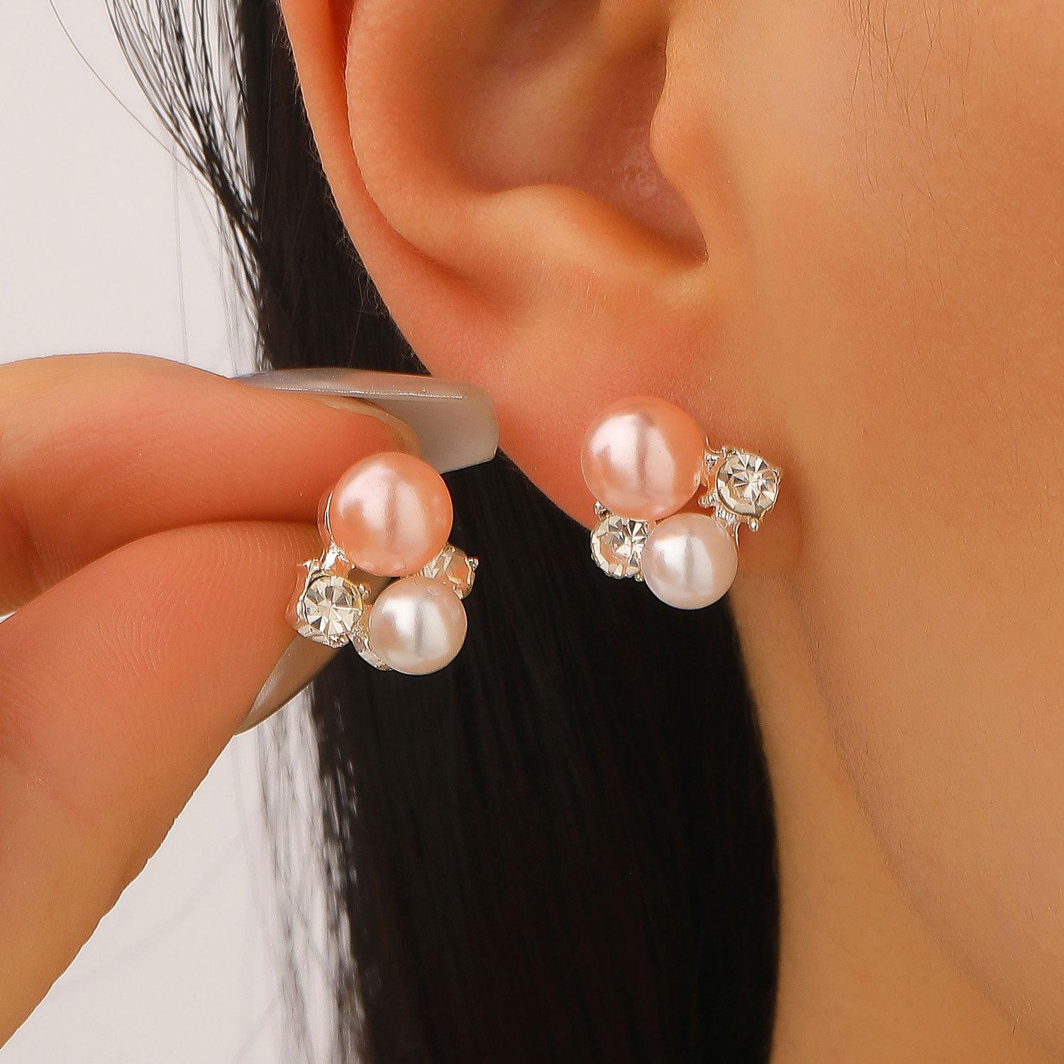 French Soft Pink Pearl Zircon Stud Earrings Luxury Elegant Versatile Women Jewelry 1
