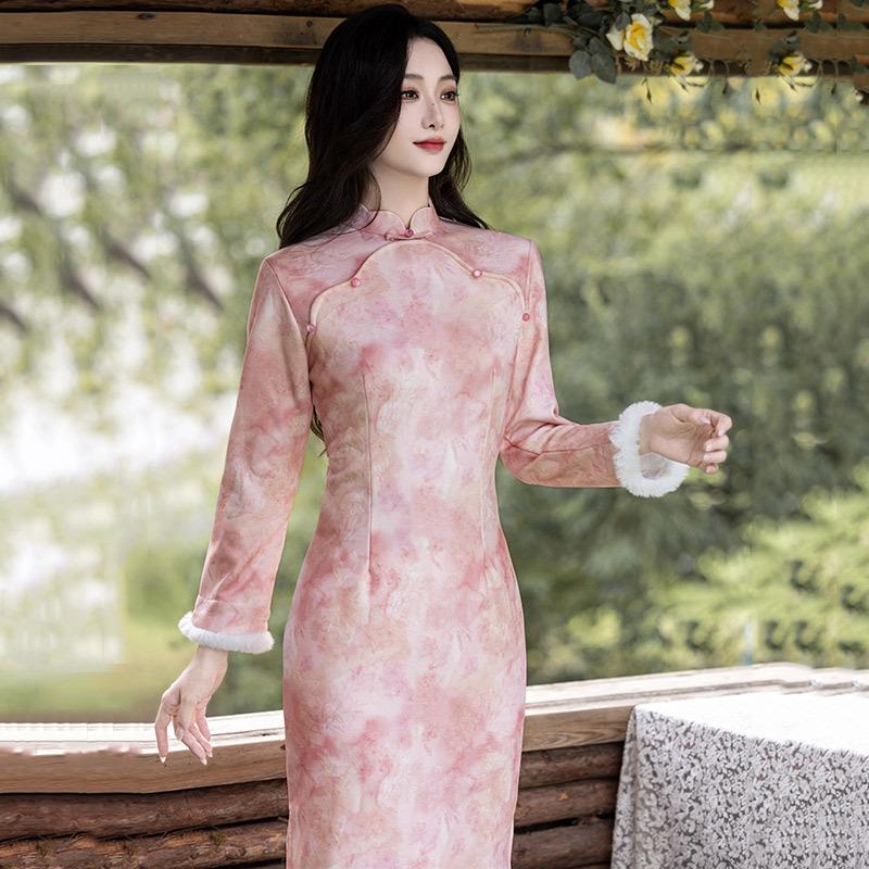 Pink velvet winter clothing national style new Chinese Suzhou long-sleeved cheongsam winter thick style improved young women's high sense