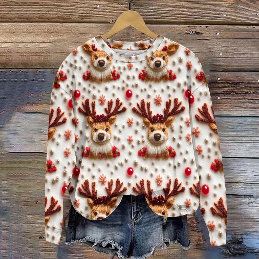 Ladies' Christmas Printed Long Sleeved Round Neck Hoodie Loose Top
