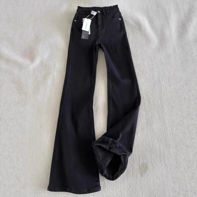 Black Velvet Slightly Pulled Jeans for Women, New High-waisted Slim-fitting Elastic Horn Horseshoe Pants In Autumn and Winter