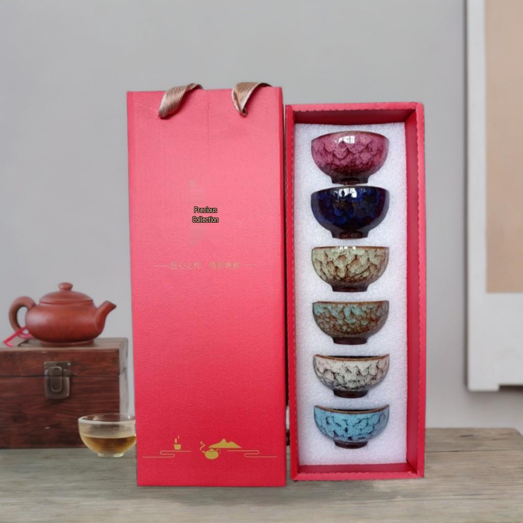 Ceramic Tea Cup Set: Master Kiln Change, Six Colors, Tea Tasting Gift Box, Souvenir & Business Gift.