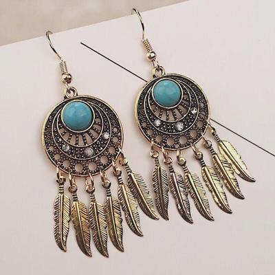 E1010 Vintage Ethnic Dream Catcher Earrings with Turquoise and Feather Tassels