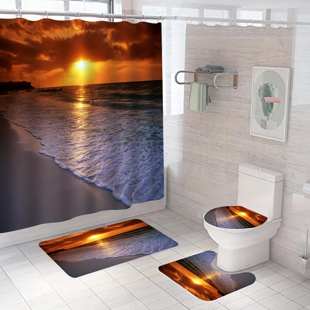 4pcs Sunset Ocean Beach View Shower Curtain Set Bathroom Sets Rugs With Non-Slip Bath Mat Toilet Lid Cover And U Shaped Rug