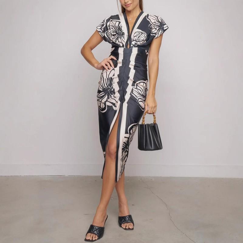 Womens Floral Print V-Neck High-Waist Slit Bodycon Dress Short Sleeve Midi Small чёрный