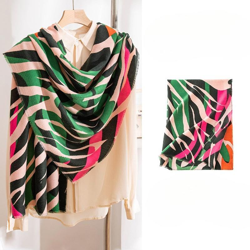 Spring and Autumn New Wave Print Contrast Color Imitation Cashmere Scarf Women's Scarf Shawl High End Mid Length Style