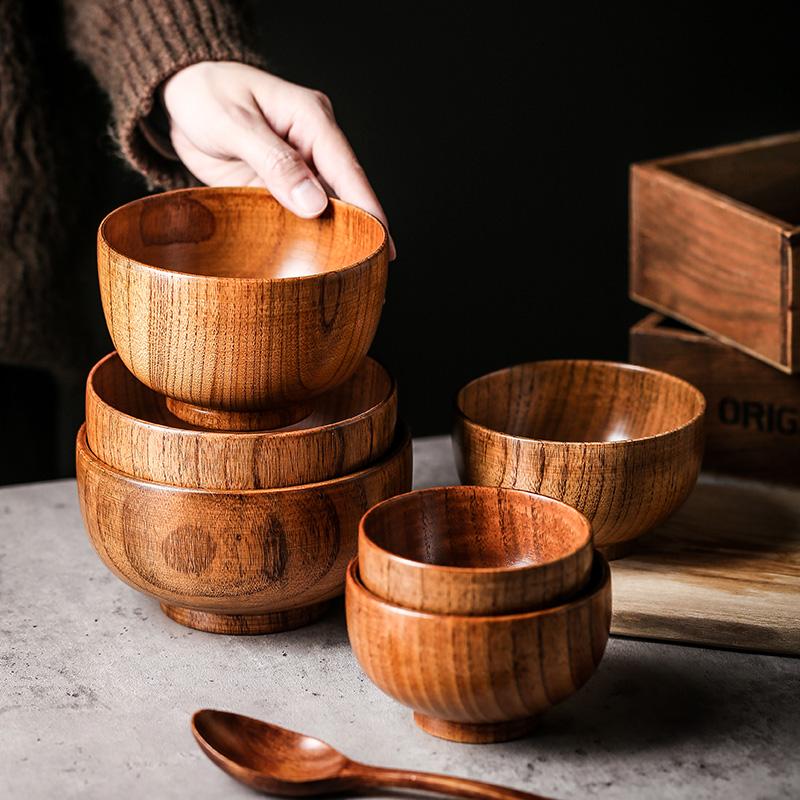 Japanese Retro Jujube Wooden Bowl Handmade Wooden Rice Bowl Children's Solid Wood Bowl Large Noodle Soup Bowl Household Tableware