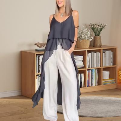 Sling Dress Sleeveless V-Neck Irregular Ruffle Hem Dress Irregular Short Front Long Back Design Dress Solid Color Breathable Top