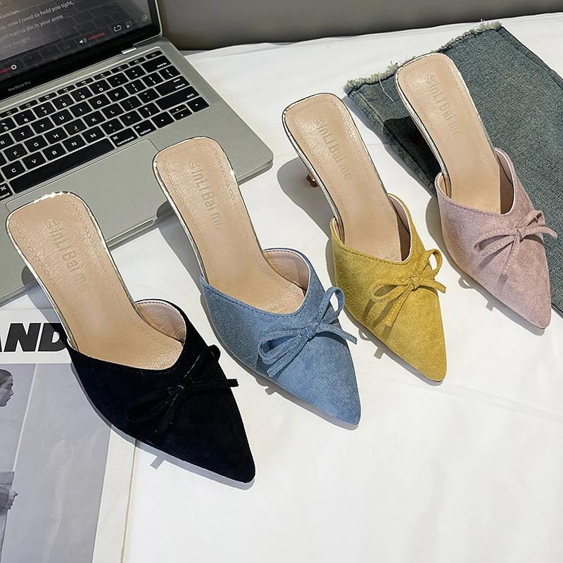 Pointed Toe Women Mules Slippers Shoes Fashion Butterfly-knot Slip On Slides Design Style Low Heels Banquet Party Sandals Shoes