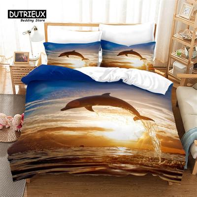 Housse de couette Dauphin qui saute Ensemble de literie sur le thème marin King Full Twin Pour Enfants Adultes Décor Animaux de l'Océan Microfibre Housse de couette