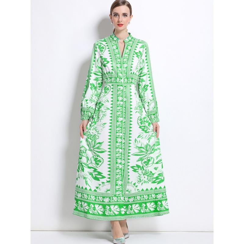 Spring Autumn Women Vintage Print Runway Dresses Full Sleeve Single Breasted Long Maxi Party Dress