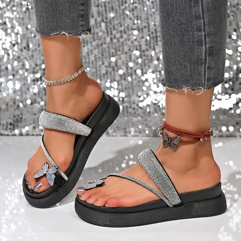 Fashion 2025 New Women's Thick Sole Summer Beach Flip Flop Sandals with Butterfly Rhinestone Toe Post Fashionable Versatile Slippers
