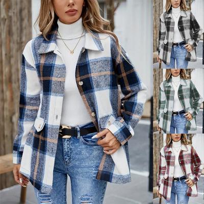 Chaqueta Camisa Informal de Franela Gruesa a Cuadros de Manga Larga para Mujer
