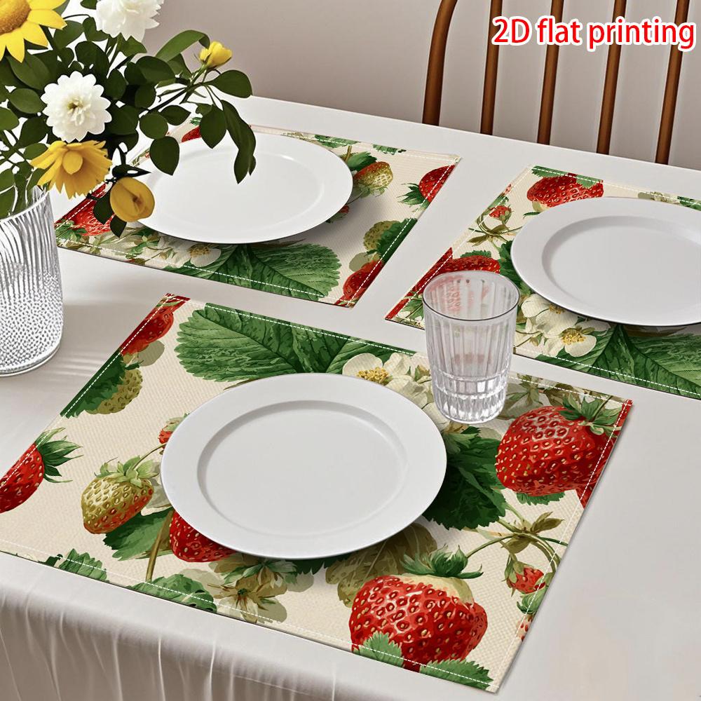 Strawberry Floral Print Heat Resistant Washable Table Placemats Kitchen Dining Decor 4 Piece Set