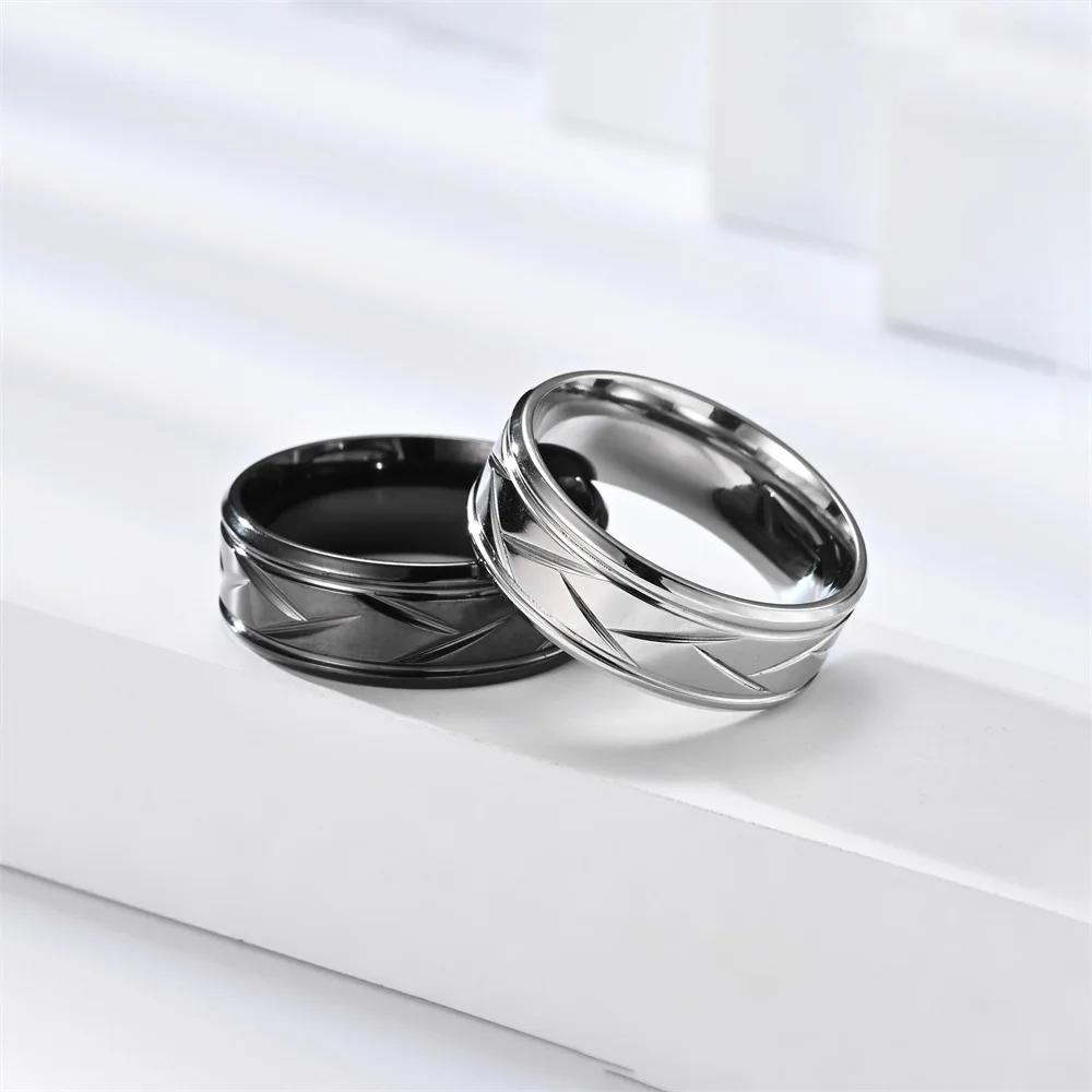 Fashion Men’s CopperColor Black Stainless Steel Ring Groove Multi-Faceted Rings for Men Women Engagement Ring Anniversary Gifts