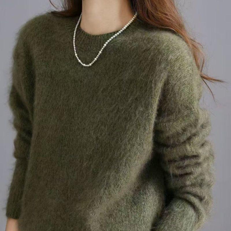 Korean Red Heather Yarn Plush Cashmere Wool Blend Sweater, Round Neck, Loose Fit