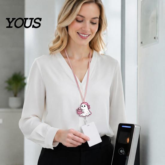 Clear Acrylic Retractable Badge Reel Halloween Ghost Reel, Glitter Holder Clip, Cute Pink ID Name for Women Nurse Teacher Medical Office Worker