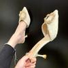 Fashion Luxury Metal Buckle Silk Mules Pump Women Summer Pointy Toe Sexy Twill Sandals Woman Rhinestone High Heel Slippers Women 2025