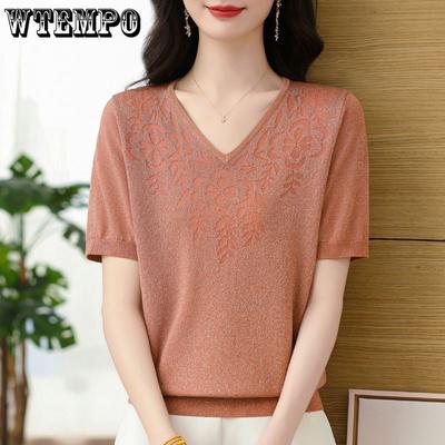 Women's V-neck Knitted T-shirt Top Summer Knitted Shirt Stylish Loose Look Slimming Short Sleeve