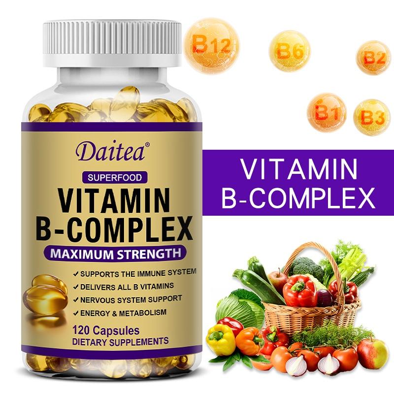 Daitea Vitamin B-Complex Maximum Strength Supplement with All B Vitamins, B1, B2, B3, B6, B12, Biotin, Pantothenic Acid, Choline & Inositol, 120 Caps