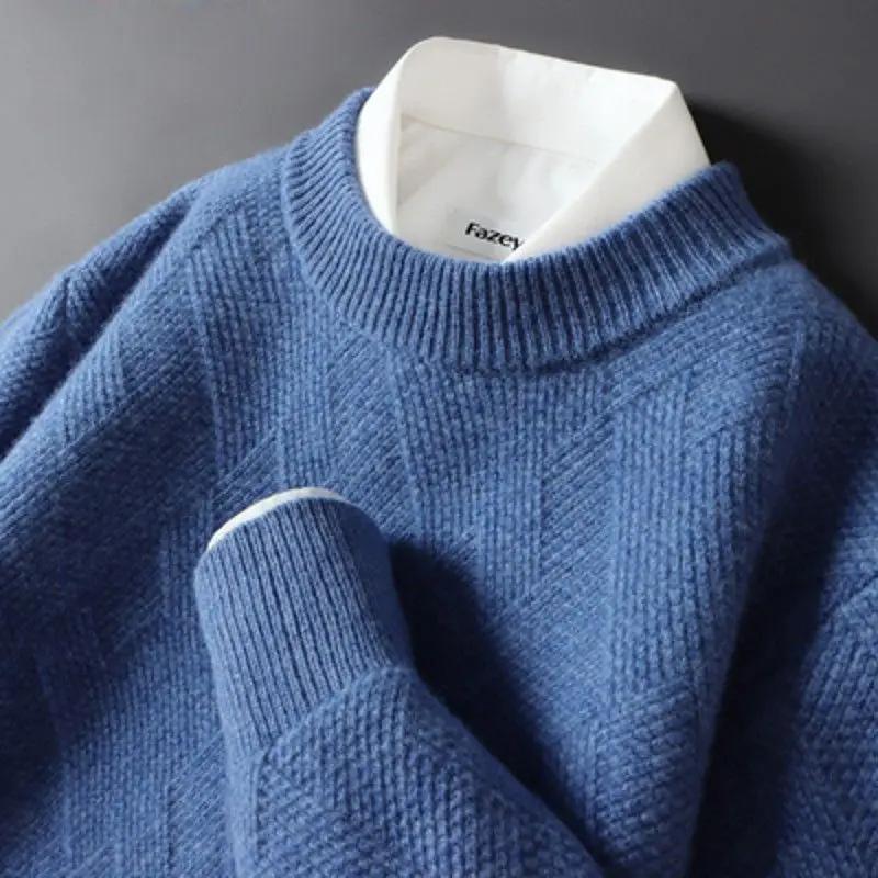 Suéter de Cachemira para Hombre Holgado y Grueso Jacquard Cuello Redondo Suéter de Punto para Hombre Otoño e Invierno Color Sólido