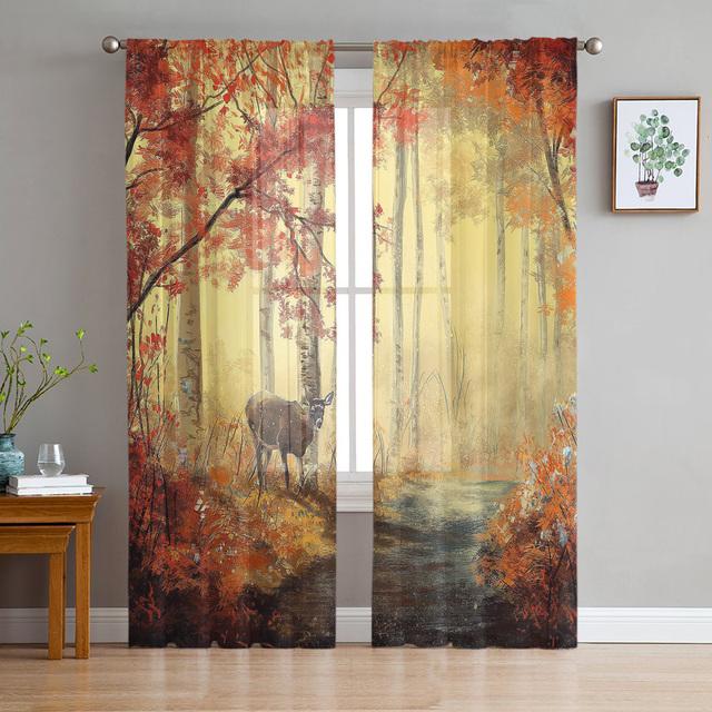 Deer Autumn Winter Forest Modern Sheer Curtains For Living Room Bedroom Tulle Curtains Window Voile Curtain Kitchen Hotel Decor