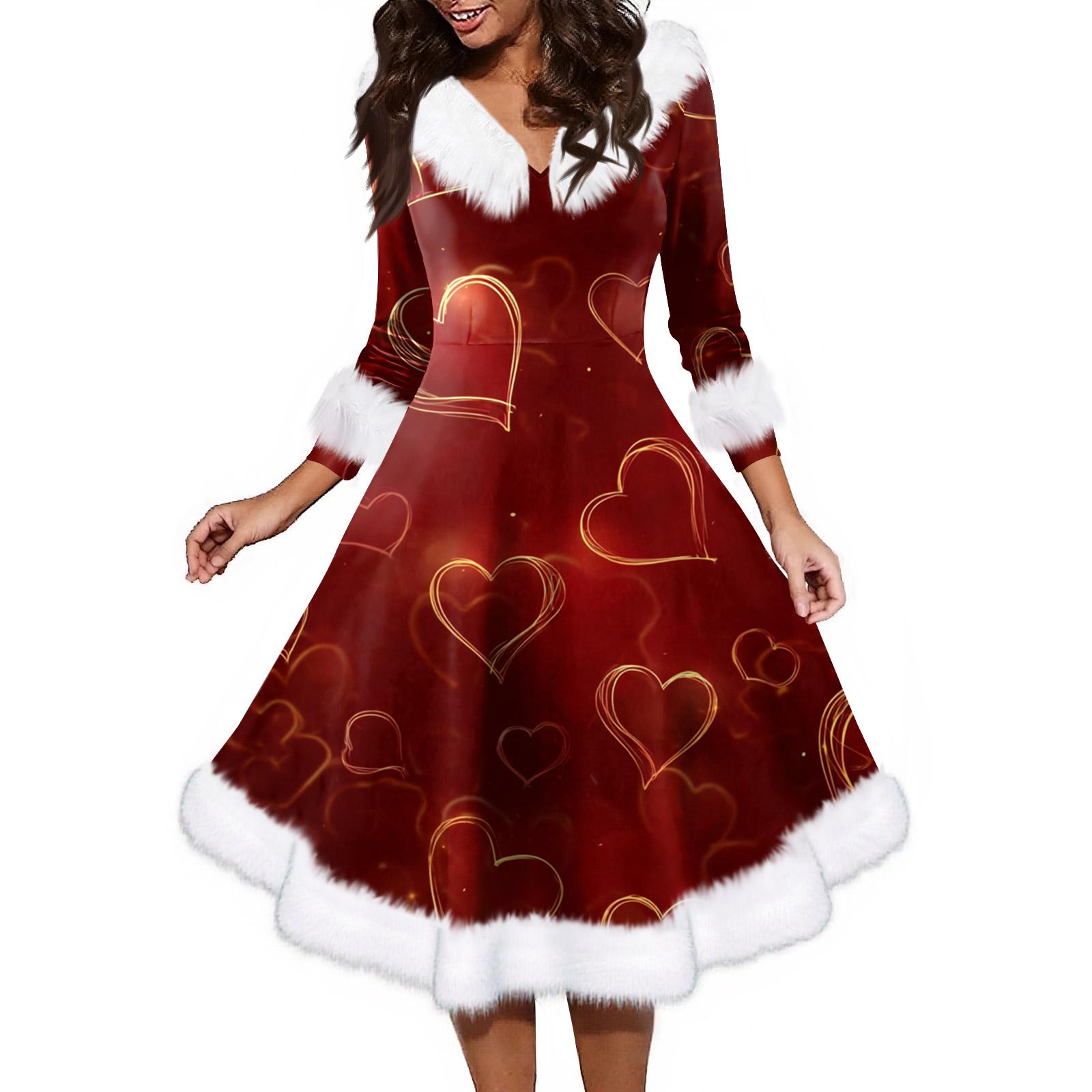 

Women s Fashion V,neck Casual Fit Christmas Print Party Long Sleeve Dress XL Кіновар