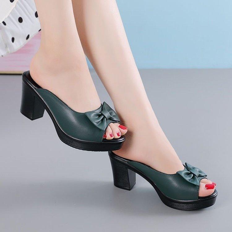 

Women s shoes new summer fish mouth open-toed women s soft leather sandals thick high heels wear non-slip 35 зелений