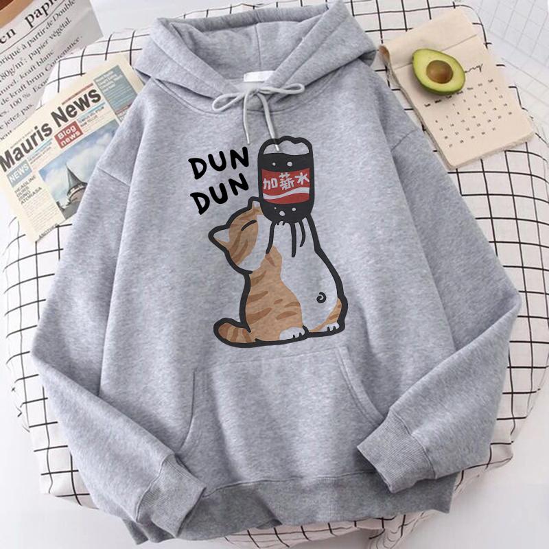 Cat Drinking Beverages Print Sweatshirts Clothes Women Casual Kangaroo Pocket Hoodies Unisex Fashion Funny Hooded Pullovers