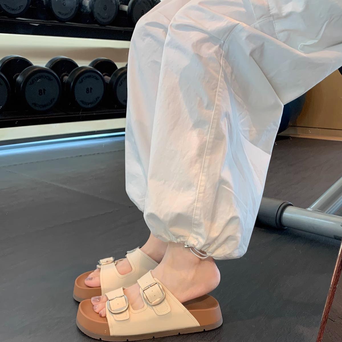 

Cowhide version~ Height increase 3.5cm lazy round head double buckle with beach wear cool slippers women 35