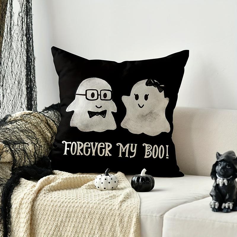 Halloween Throw Pillow Cover with Cat, Skull & Ghost Patterns - "Trick or Treat" Decor for Sofa