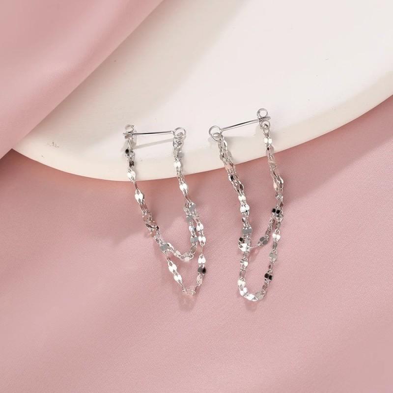 

925 Silver Double Layered Tassel Earrings, Long Sparkling Chain Earrings, Exquisite And Fashionable Jewelry платиновий