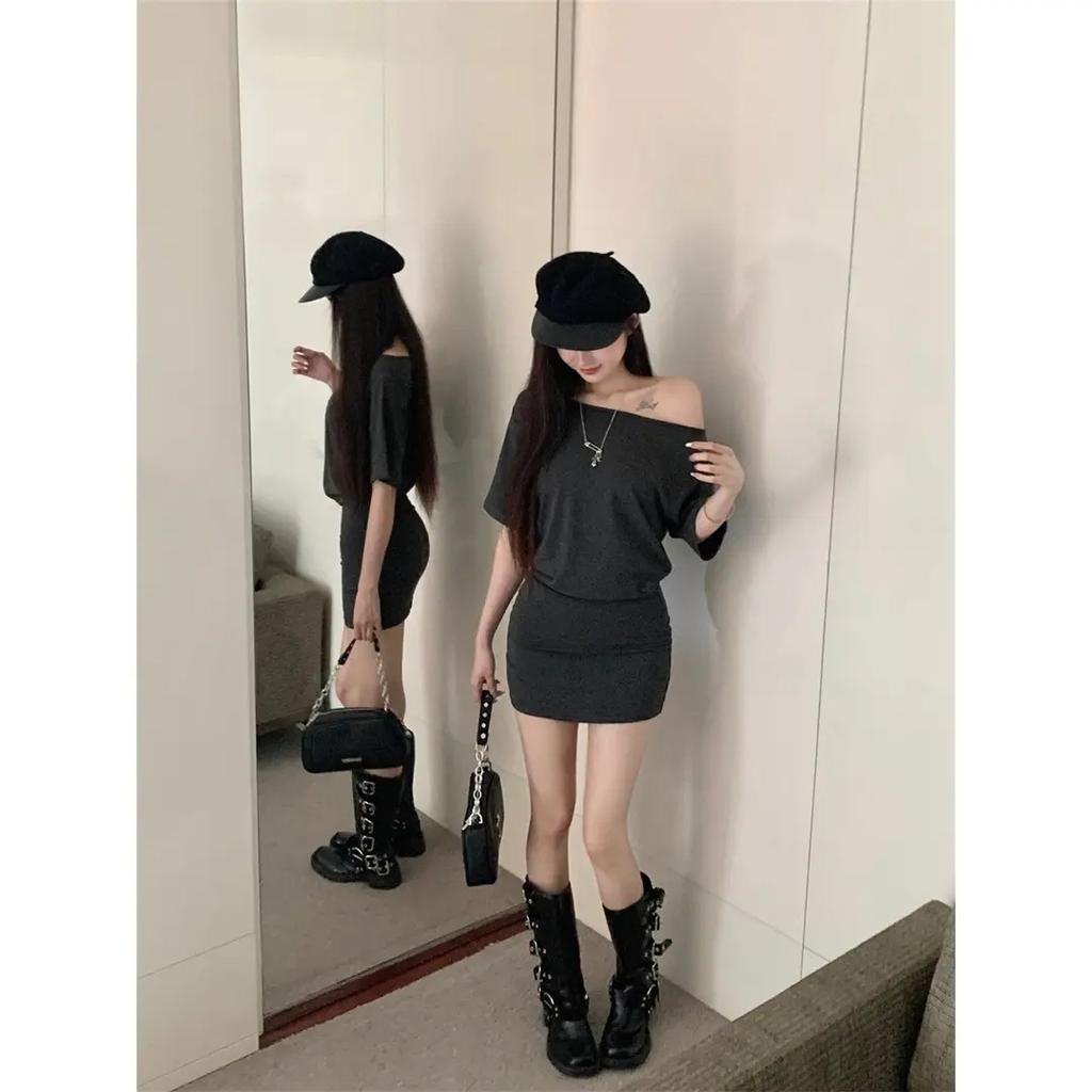 Small waist gray slanted shoulder hip skirt children summer spice girl off-the-shoulder high-end wear fashion dress