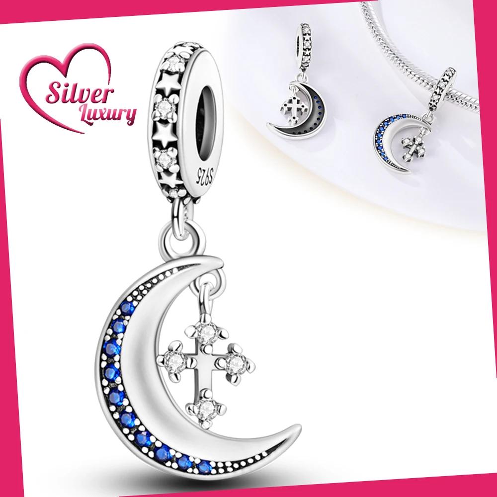 Pingentes de Crucifixo Lua Azul Contas Originais Plata R Encaixe para Pulseira de Charms Originais Joias Presentes Para Mulheres