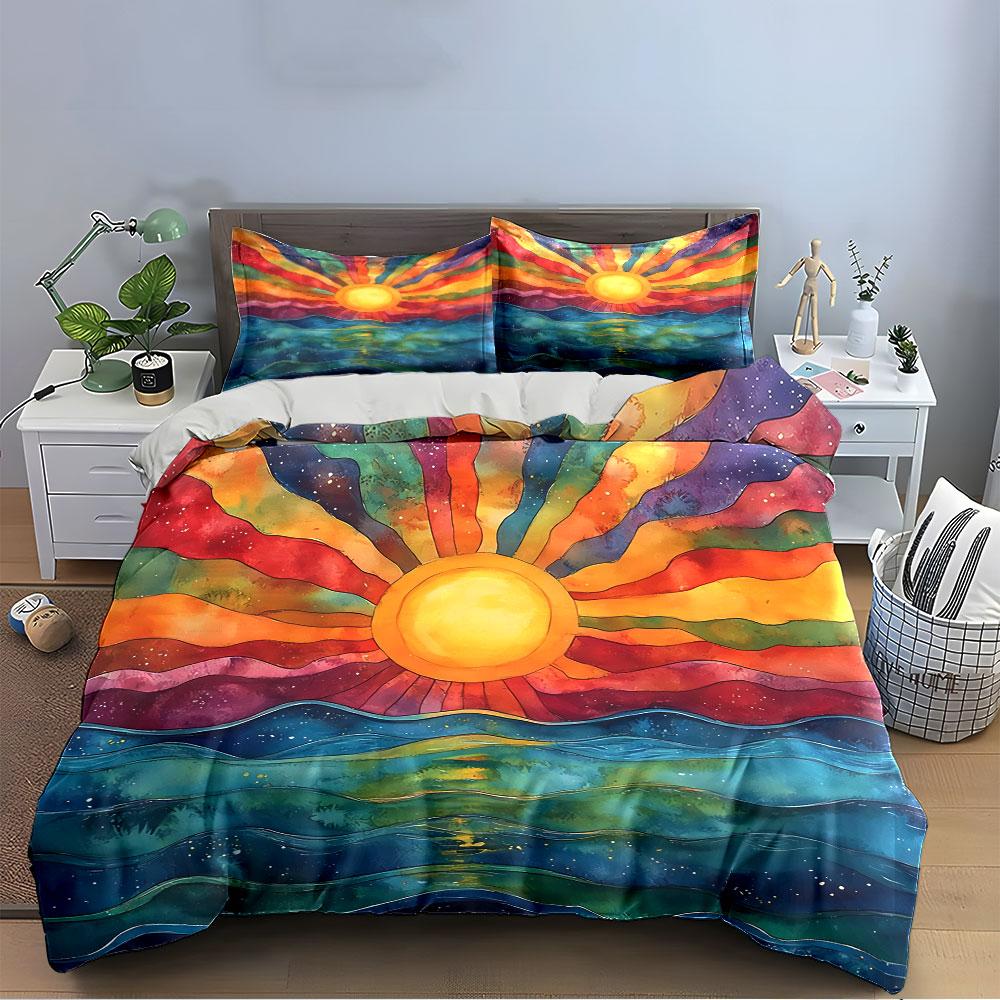 Colorful Sunrise Over Waves Bedding Duvet Cover Set Duvet Cover Pillowcases  (1*Duvet Cover 2*Pillowcases, Without Duvet Insert)